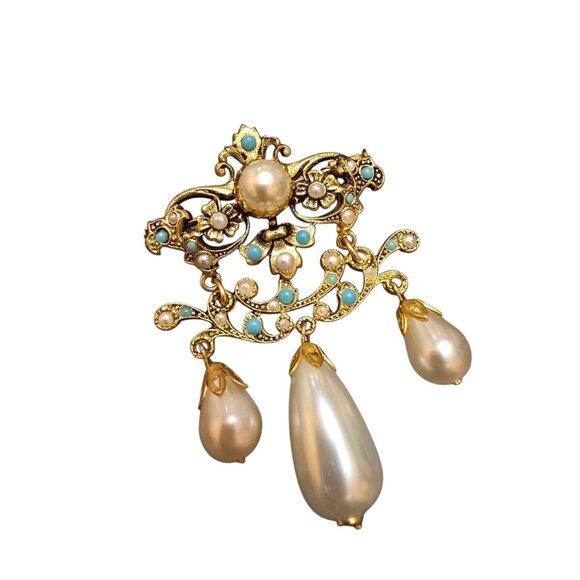 Antique Possible French Gilt Elaborate Glass Pearl Dangle Brooch Trombone Clasp - Picture 4 of 7